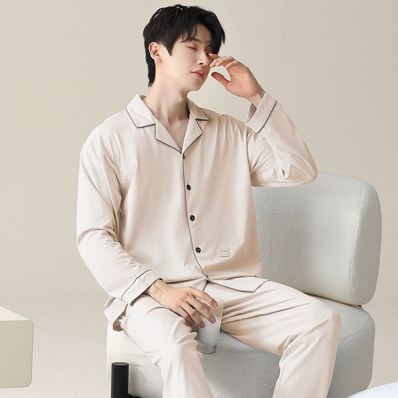 Pijama de hombre primavera y otoño cardigan de manga larga set delgado suelto algodón puro estilo exterior se puede usar ropa de hogar