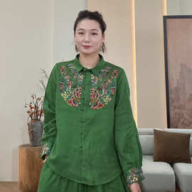 2026秋季新款亚麻纯色刺绣衬衫女文艺复古翻领宽松百搭减龄衬衣
