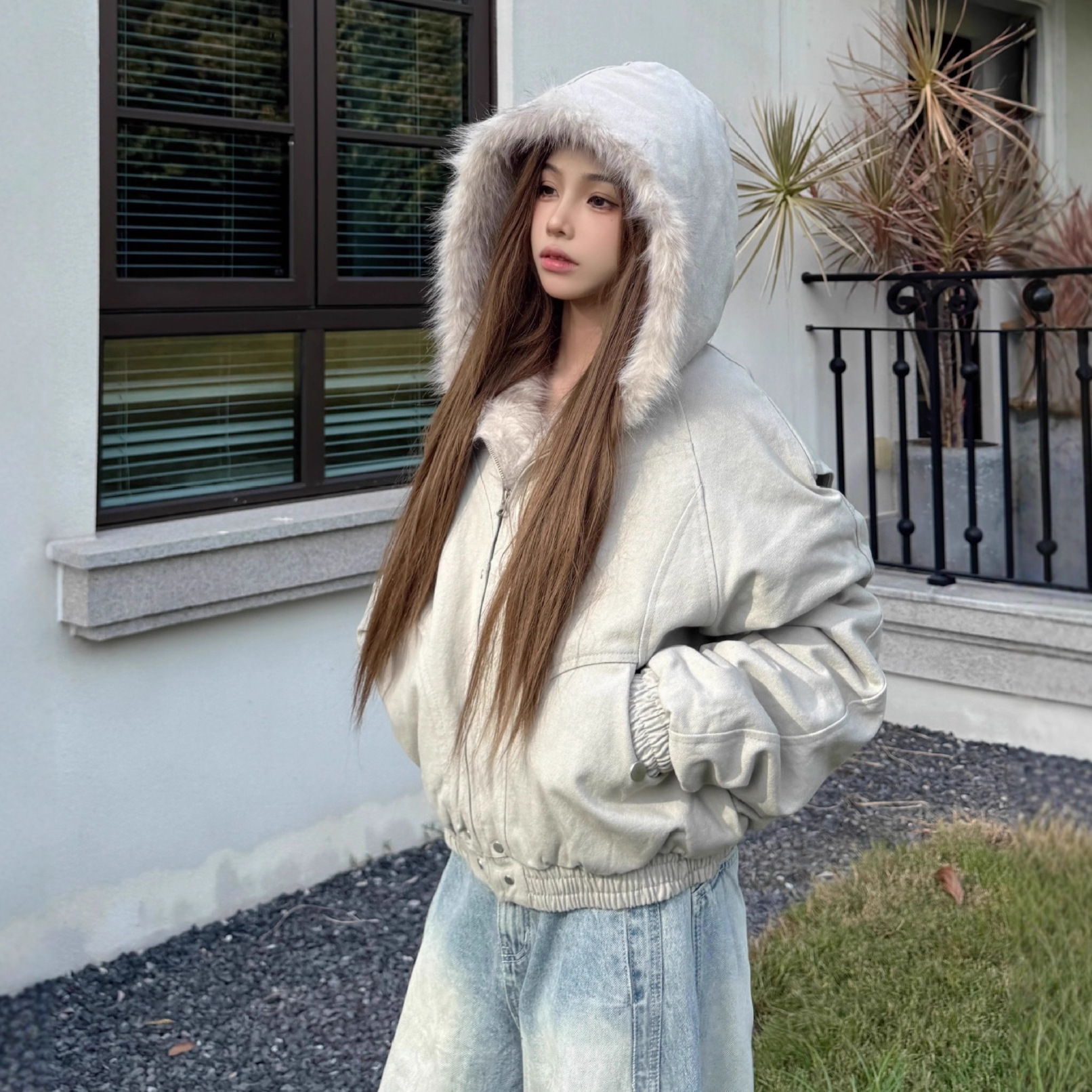 American-Style Furry Hooded Jacket with Cotton Lining for Women, Winter Thickened Warm Short Workwear Coat with Fur Collar