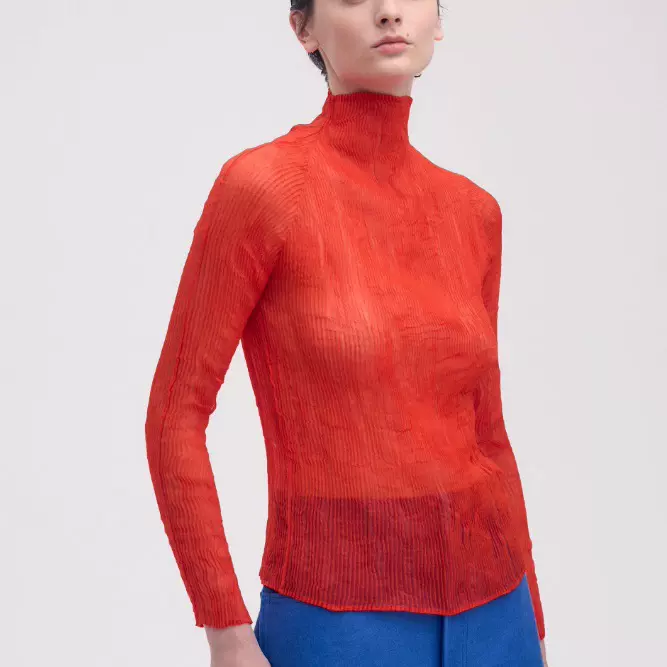 三宅IM主线套头透视打底上衣女长袖高级感手工褶皱半高领t恤女士