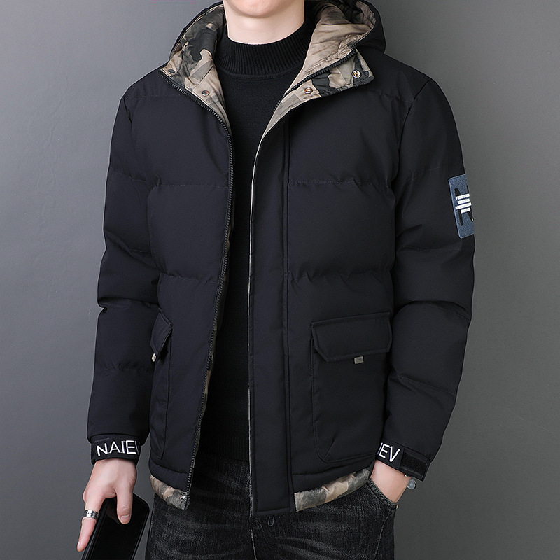 Invierno nuevos hombres de la moda casual con capucha de algodón acolchado abrigo cálido a prueba de viento de algodón-acolchado abrigo de moda negro de los hombres de moda más tamaño