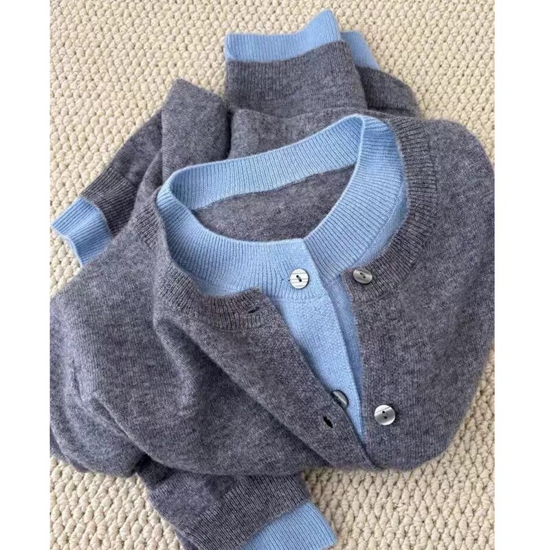Stylish Color-Blocked Faux Two-Piece Sweater Cardigan for Women, 2025 Autumn and Winter Wool Coat, Knitted Top