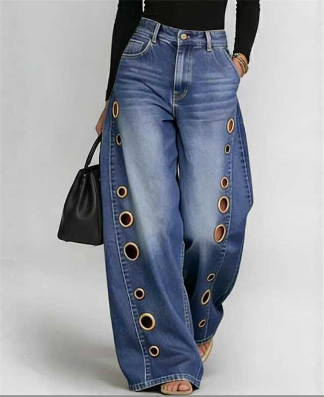 European and American cross-border TK metal eyelet casual loose high-waisted wide-leg jeans for women, washed with cat whiskers and distressed finish