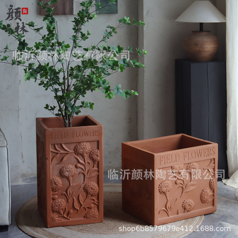 Caja de flores de cerámica roja gran estilo americano cuadrado en relieve maceta de cerámica gruesa pastoral viento plantación de árboles maceta paisajismo maceta transpirable