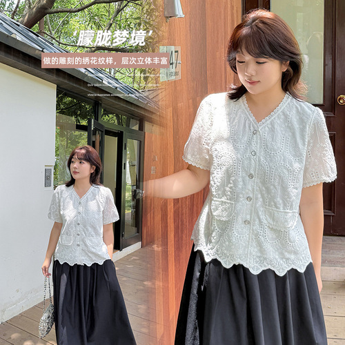 Eno Plus Size Women's Korean Style Gentle and Elegant V-Neck Blouse 2025 Summer New Sweet Short-Sleeve Top 252551