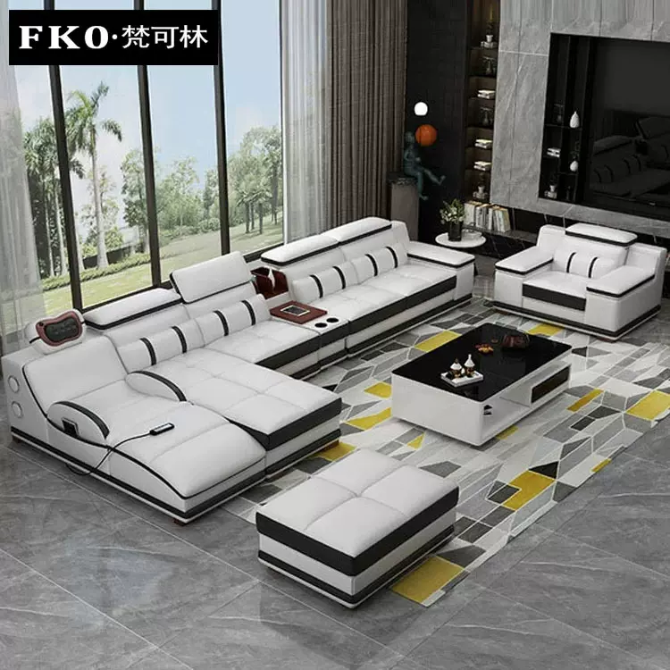 按摩真皮沙发意式极简客厅智能多功能沙发2024年新款转角皮艺沙发