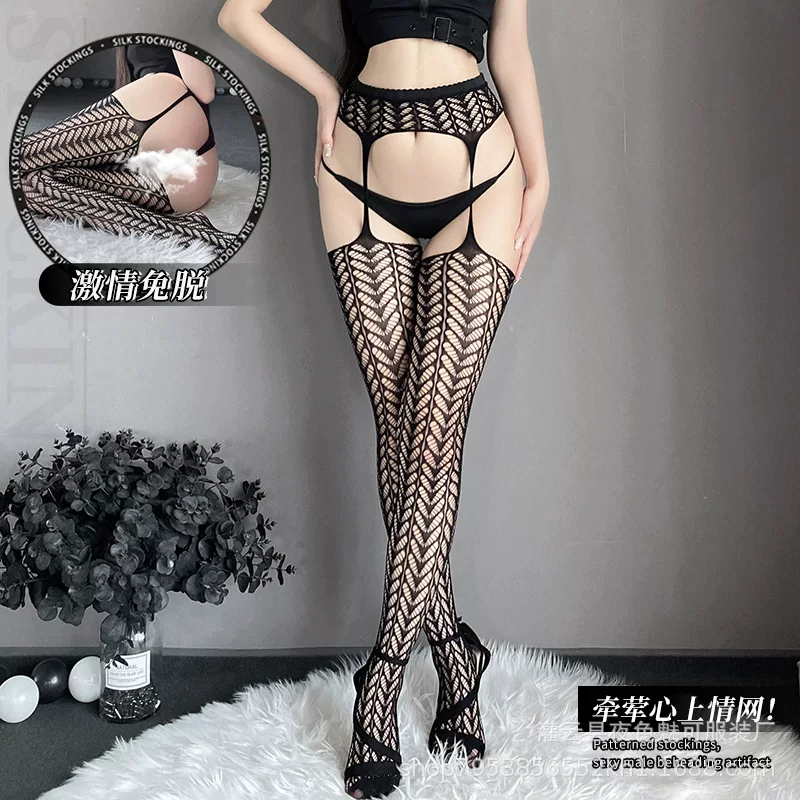 情晓夜 Sexy suspender one-piece socks black silk fishnet stockings long tube women pure size slim and hot net stockings W09