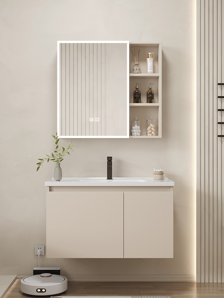 Crema estilo espacio aluminio baño gabinete combinación integrado cerámica lavabo baño lavabo gabinete lavado Mesa baño Baño