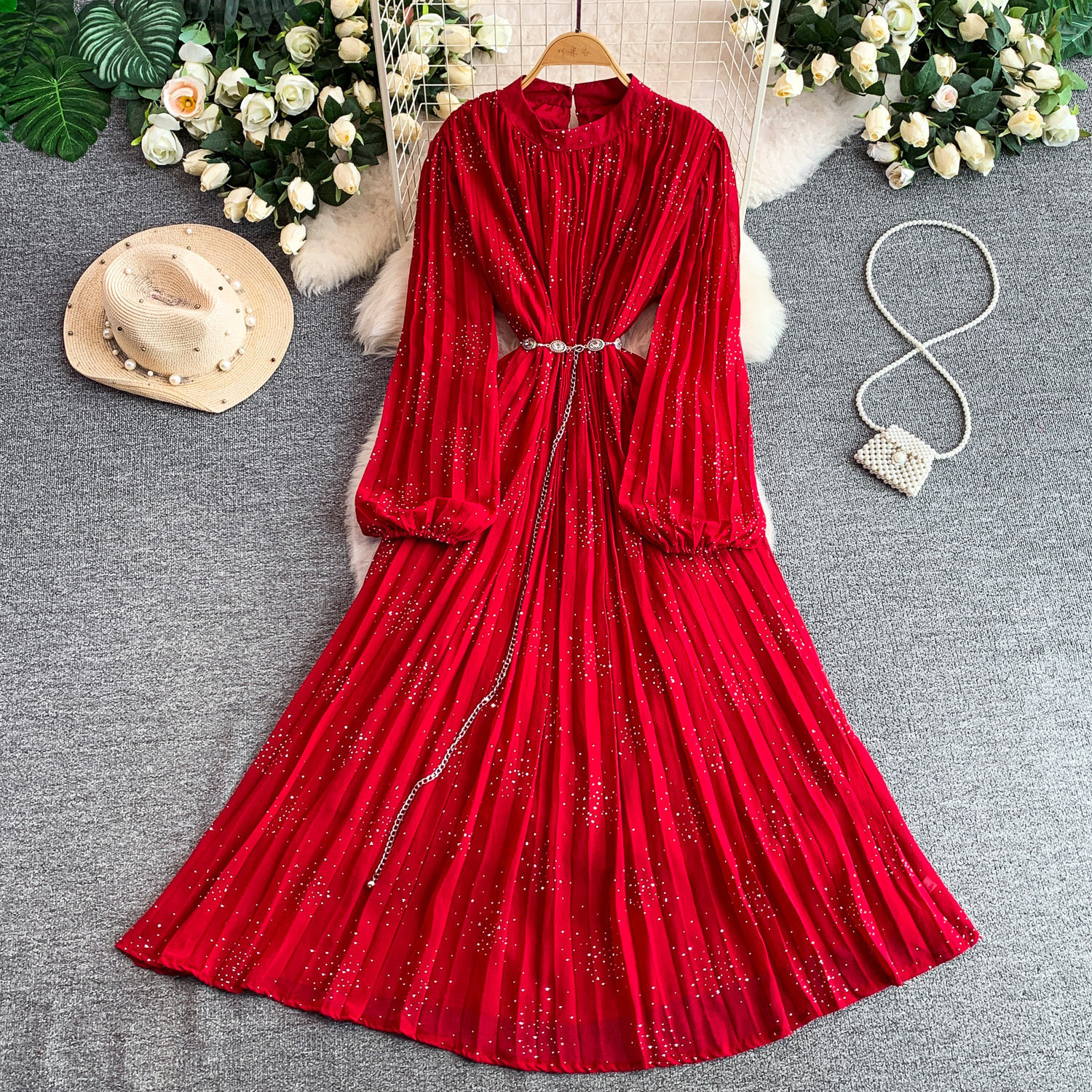 Women's French Style Light Luxury Sparkly Rhinestone round Neck Long Sleeve Dress Summer Slimming Pleated Long Skirt_ecoleips.com