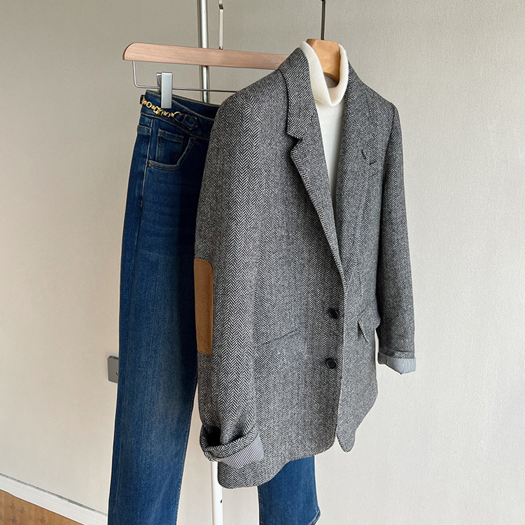 In-Stock Spring and Autumn Casual Yarn-Dyed Herringbone Elbow Patch Leather Retro Wool Blazer for Women, Elegant and Suitable for Work