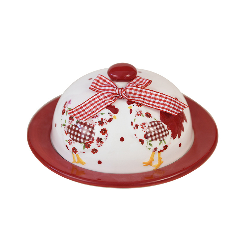 Estilo pastoral rojo floral pollo cerámica plato de mantequilla decorativo merienda plato postre plato ins estilo vajilla Pascua