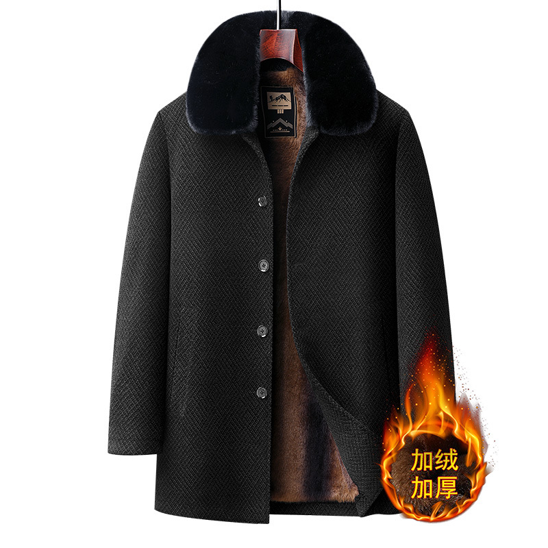 冬季加绒毛尼大衣加绒加厚大毛领呢子中长款男士外套爸爸装风衣男