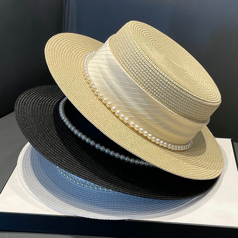 Solid Color Pattern Summer Season Women's Simple Style Solid Color Pearl Straps Flat Eaves Fedora Hat