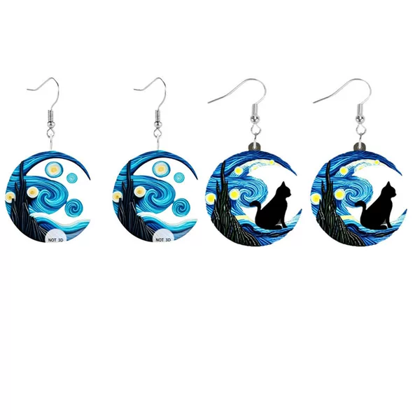 Cross-Border Hot Selling Van Gogh Starry Night Starry Sky Pattern 2D Acrylic Earrings Temperament Women's Fashion Ear Jewelry Wholesale