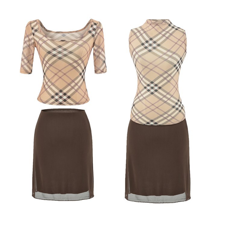 Brown Plaid Half-High Collar Vest, Mid-Sleeve T-Shirt, Half-Skirt Set, High-Intelligence Style, Summer Sheer Sexy Slim-Fit Top and Short Skirt Brown Plaid Half-High Collar Vest, Mid-Sleeve T-Shirt, Half-Skirt Set, High-Intelligence Style, Summer Sheer Sexy Slim-Fit Top and Short Skirt
