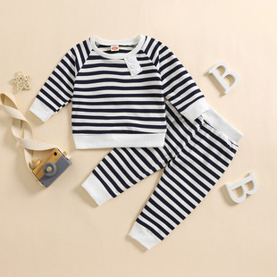 2025 New Pure Cotton Baby Striped Long-Sleeve Long-Pants Set Newborn Raglan Sleeve Dark Blue Dark Gray Light Gray Simple