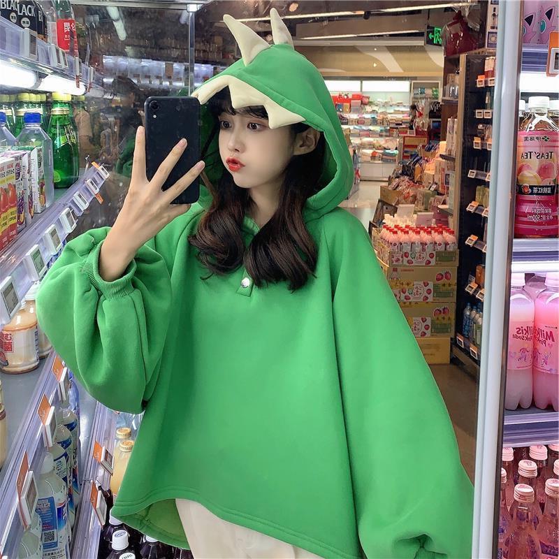 Harajuku Style Small Dinosaur Hooded Sweatshirt Women's Design Sense Niche Autumn and Winter fleece-lined Thickened Korean Loose Lazy Jacket
