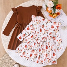 外贸ins婴幼小童女宝宝春秋款花朵印花飞袖收腰洋气长袖连衣裙潮