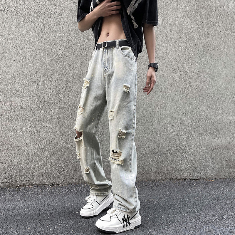 Washed Ripped Jeans Men's Straight Loose Summer Youth American High Street Pants Trendy Brand Handsome Slimming