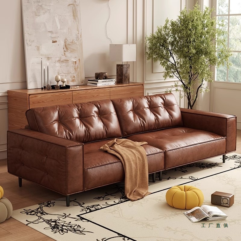 Vintage French-Style Oil Wax Leather Sofa for Small Living Rooms, Three-Seater, Light Luxury, Trendy Model, Straight Double Sofa