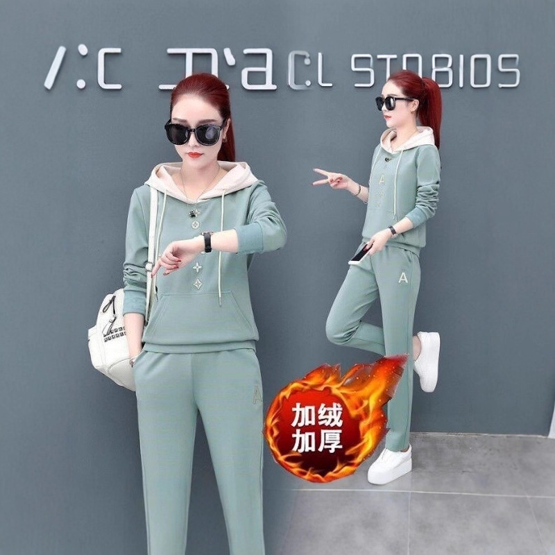 Cross-Border Winter Export Fashion Sportswear Fleece-Lined Suit Women's Casual Contrasting Color Hooded Sweatshirt and Pants Two-Piece Set