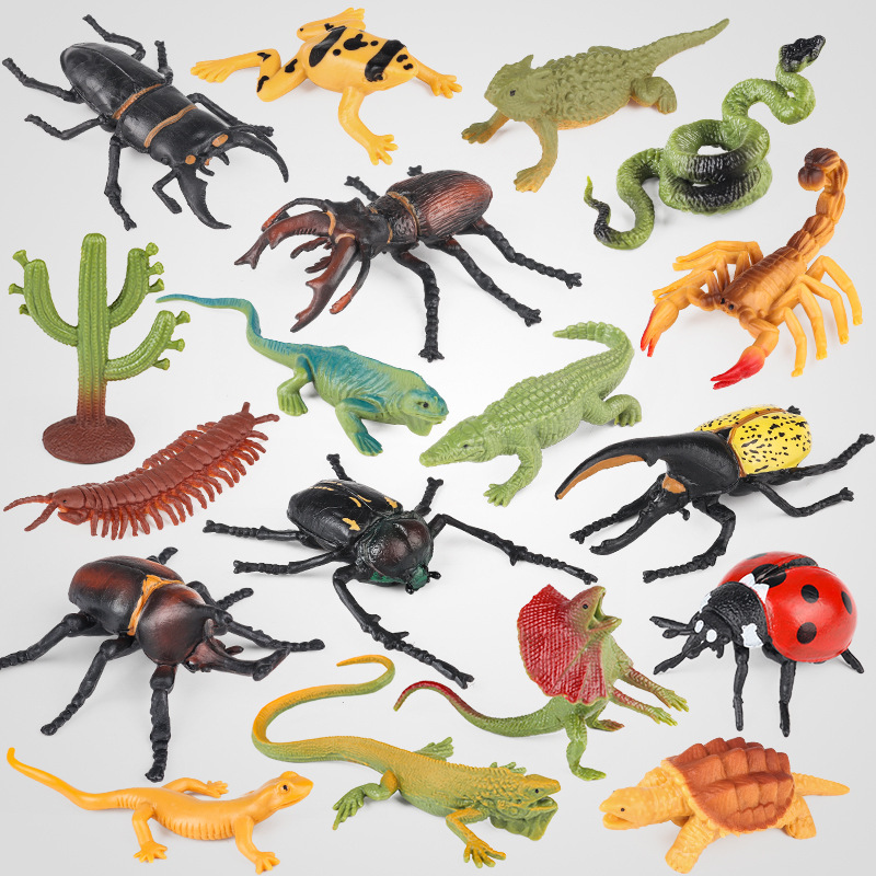 儿童仿真动物模型七星瓢虫蜥蜴蜈蚣鳄鱼蝎子变色龙仙人掌青蛙套装