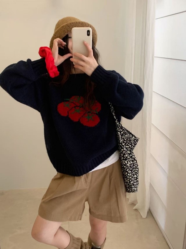韩系番茄提花针织衫女2025秋冬新款宽松外穿软糯减龄毛衣套头上衣|undefined