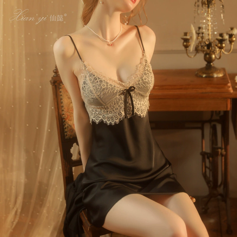 仙懿 Pijama, lace silk set, lifting effect, 3 piece set