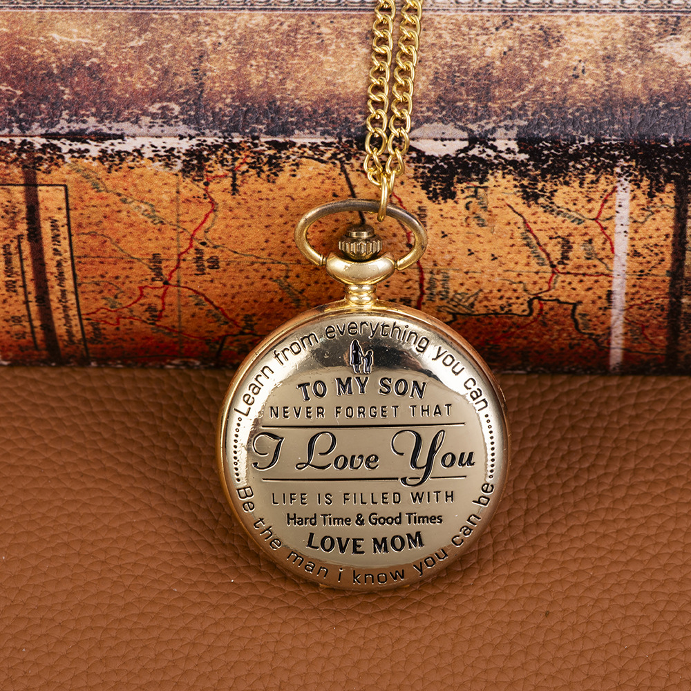 复古金色大号石英怀表 刻字SON  I LOVE YOU金色怀表8813