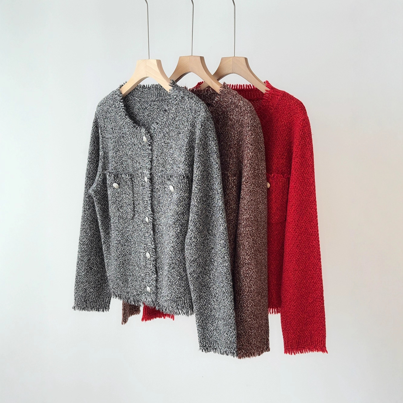 White Sauce Fruit Red Sweater Women's New Style Tweed Round Neck Wool Sweater Cardigan + Vest