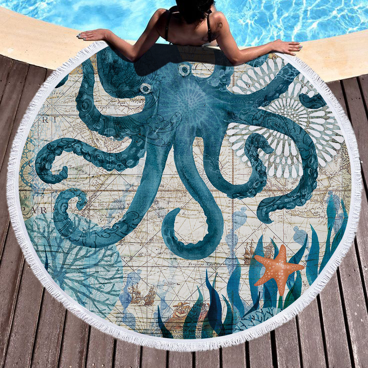 Round towel sarong 150cm - marine animal prints