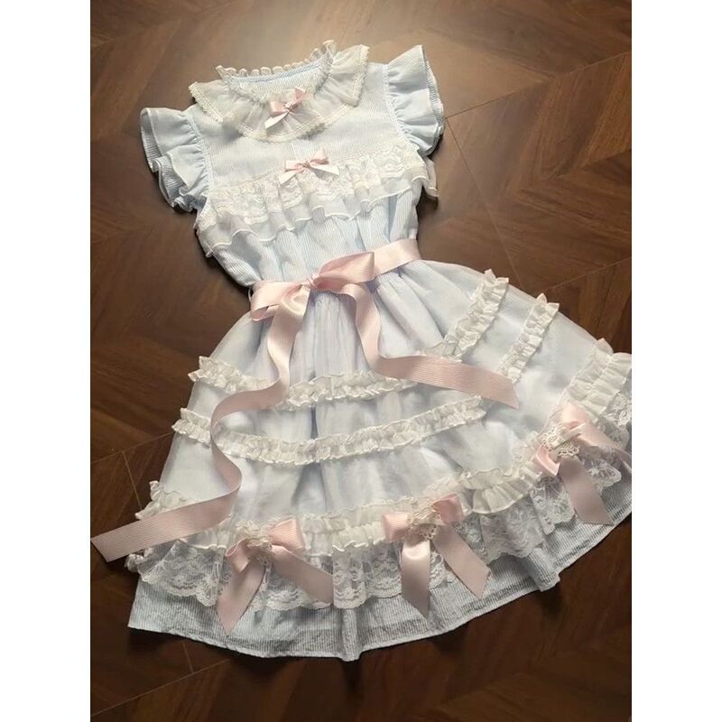 【Blue Island Love Letter】Summer Fresh Light Blue Lolita Dress with Small Flying Sleeves and Lace Multi-Layered Cake Tea Party Dress 【Blue Island Love Letter】Summer Fresh Light Blue Lolita Dress with Small Flying Sleeves and Lace Multi-Layered Cake Tea Party Dress