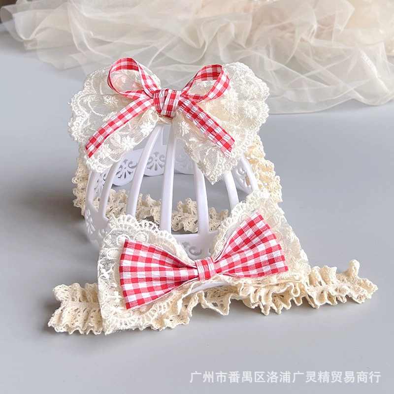 Повязка для волос Guang Elf с бантом, милый кружевной головной убор в красную клетку для маленьких девочек, головной убор с фото в полнолуние для одного года
