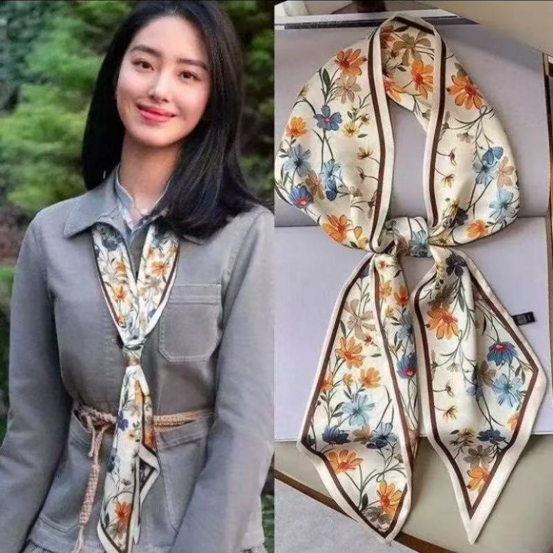 미디 플라워 롱 실크 스카프