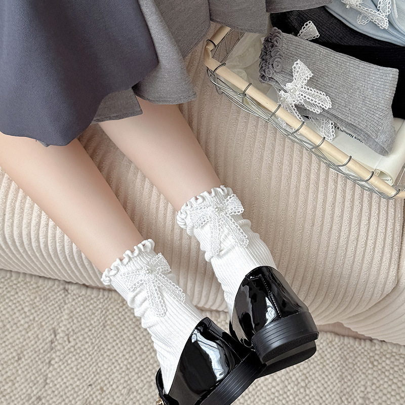 后跟珍珠蝴蝶结袜子女芭蕾风中筒袜双针甜美木耳边堆堆袜配小皮鞋|undefined
