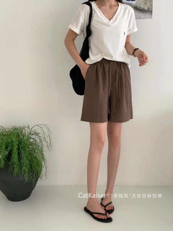 キャットカイザー レトロ風 テンセル麻混 ショートパンツ レディース 夏新作 ハイウエスト アウター カジュアル 女性用 五分丈パンツ|undefined