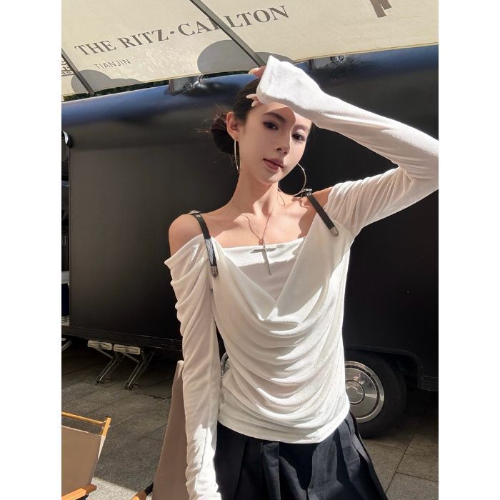 港风辣妹设计感露肩长袖T恤女秋季别致独特荡领设计感褶皱上衣ins|undefined