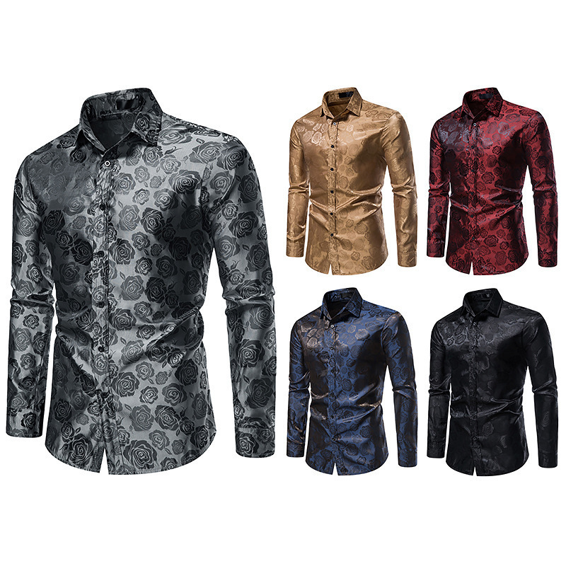 Autumn 2021 New Cross-border Men's Fashion Rose Printed Long Sleeve Shirt Foreign Trade Men's Casual Slim Shirt