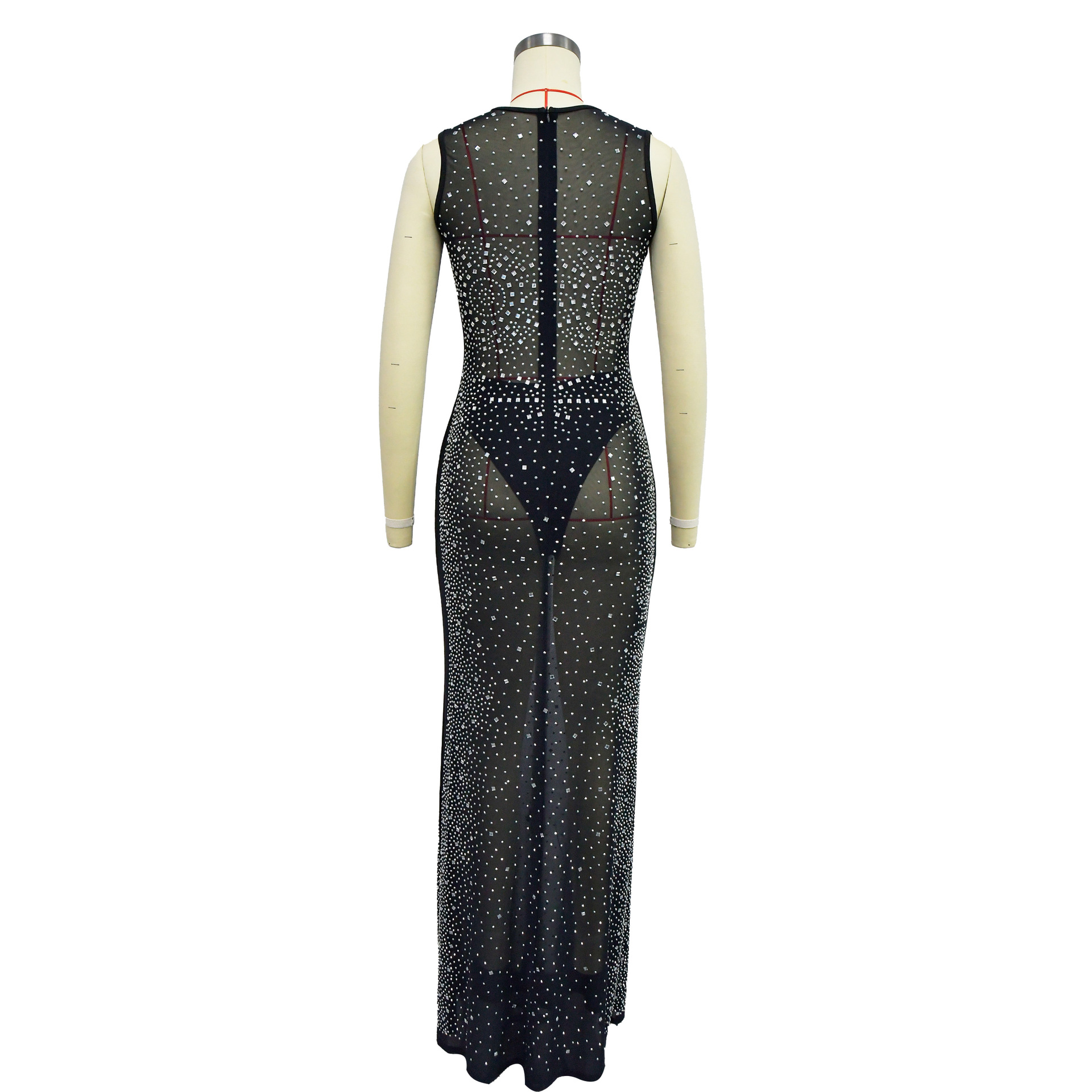 Sheer Mesh Loose Mesh Dress ZGJAYIWA Women Shiny Rhinestone Perl Beading  Cover Up Long Sleeve Round