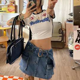 美式辣妹白色拼接短袖恤女夏季新款设计感修身圆领百搭短款上衣