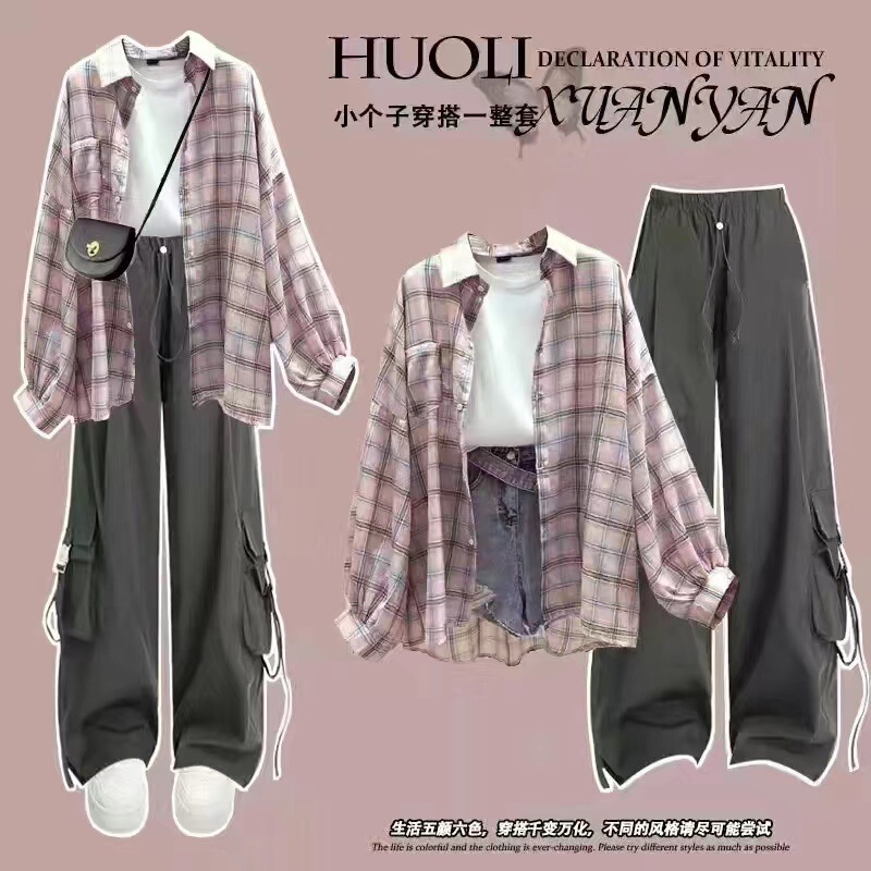 夏の女子学生韓国風ルーズ長袖チェック柄日焼け止め服シャツ+半袖Tシャツ+|undefined