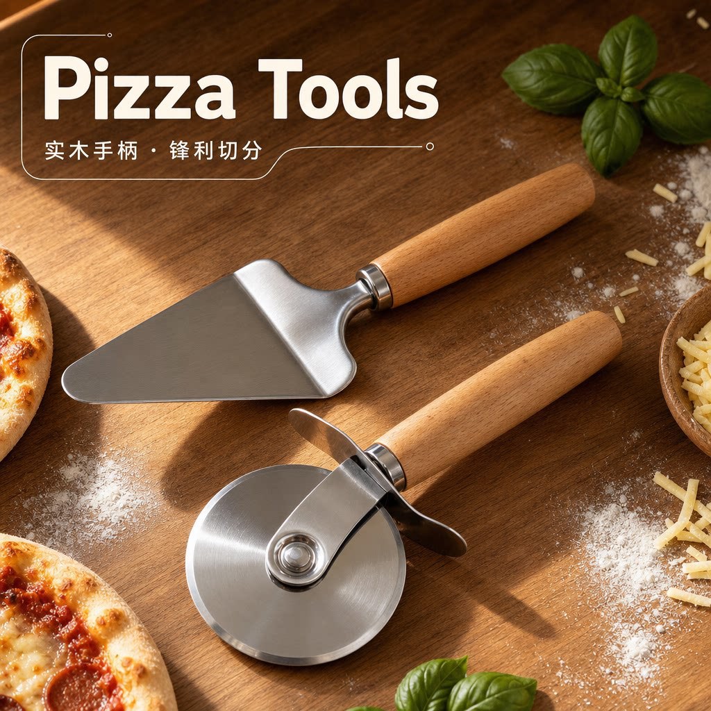 430 stainless steel pizza cutter with beech wood handle, pizza spatula set, home baking cutting tool combination, in stock
