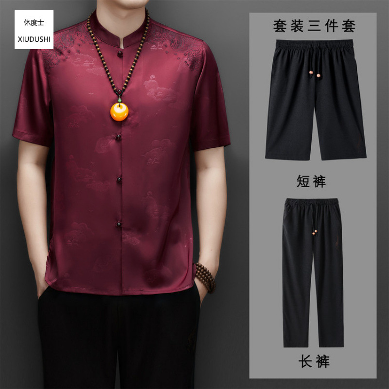 Retro Chinese style stand-up collar traditional Chinese men's Hanfu, men's shorts, trousers, and top three-piece set for middle-aged and elderly fathers, Tang suit