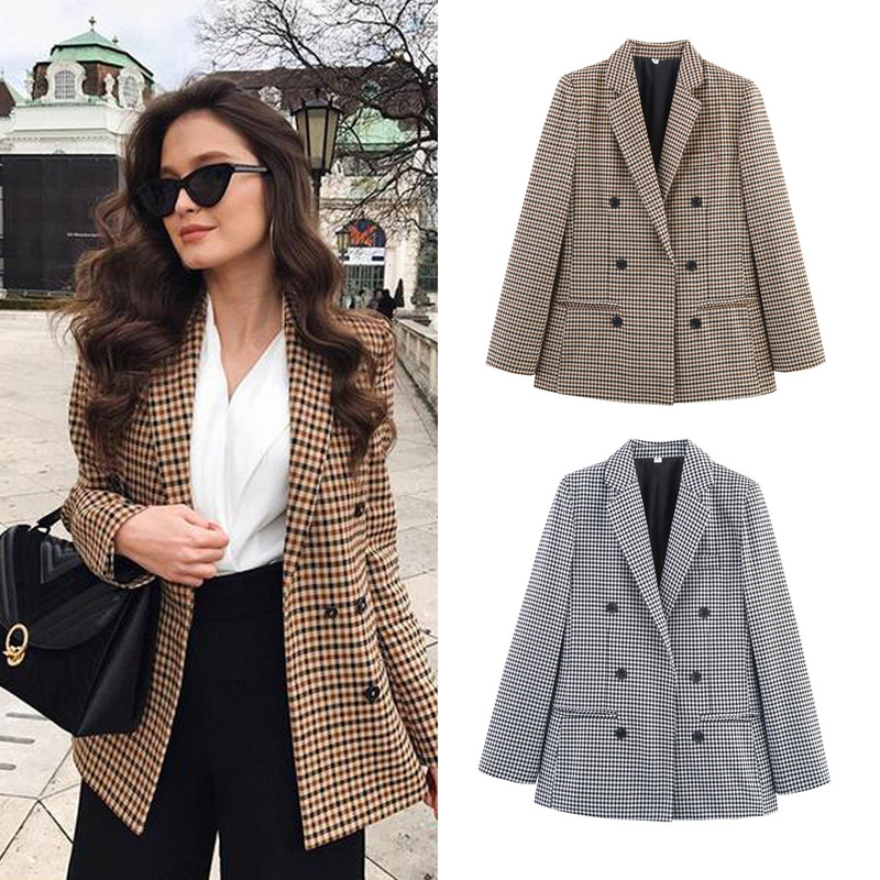 Cross-Border Wholesale European and American Style Women's Autum New Plaid Double-Breasted Jacket Personalized Suit 2025 Top 5 Colors