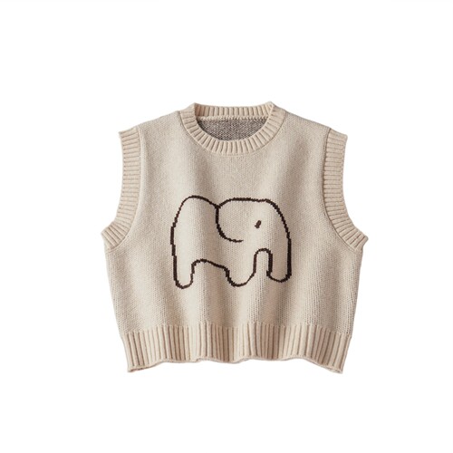  South Korean Children's Cartoon Elephant Embroidered Knit Vest for Spring and Autumn, New Gender-Free Children's Round Neck Hooded Sweater