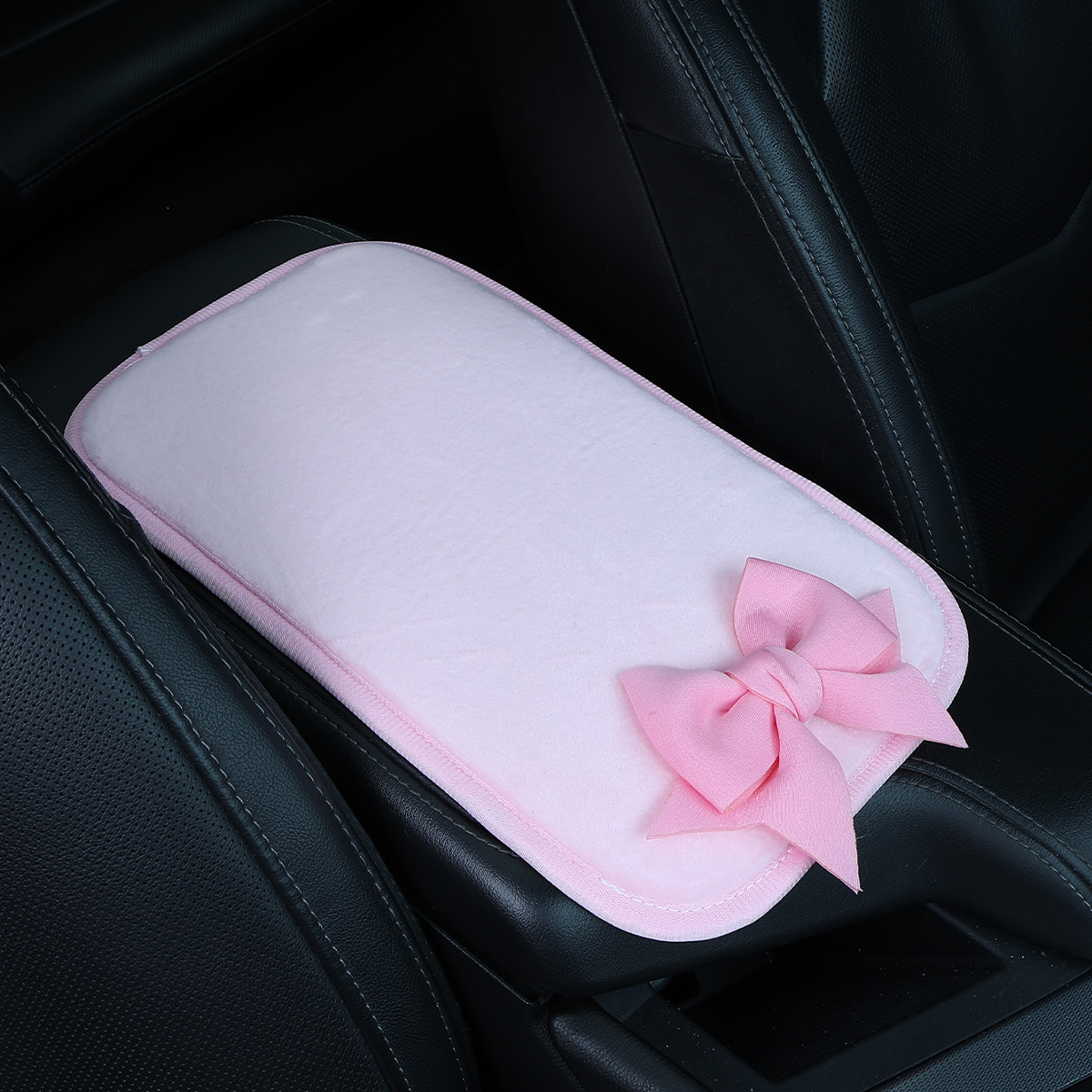 Car armrest cushion, short plush universal armrest pad with ice silk bow decoration