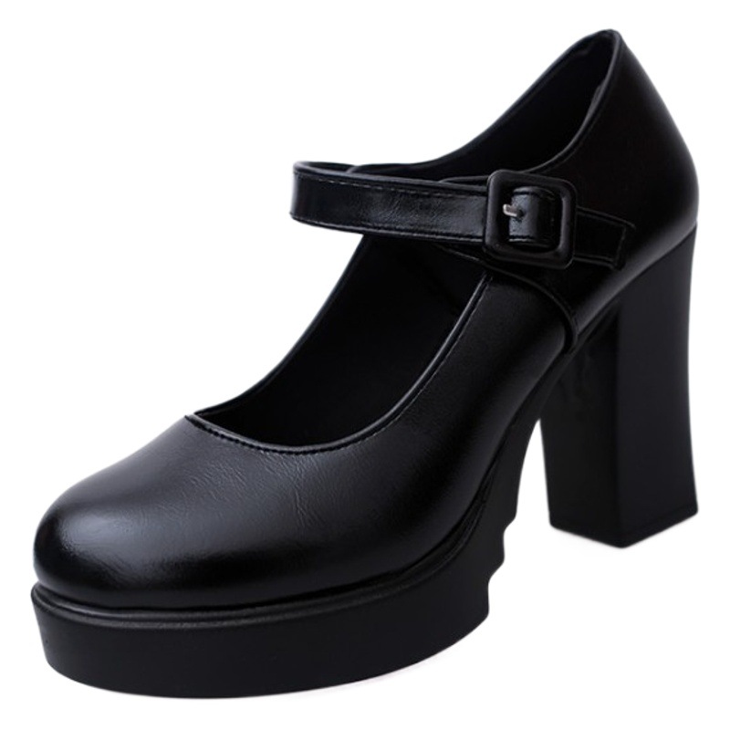 Zapatos de trabajo profesionales de primavera y otoño para mujer tacones altos de tacón grueso zapatos de poliuretano de corte bajo de una sola capa con hebilla para mujer