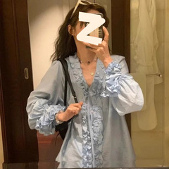 2025年春韓国シックで年齢を軽減する超見栄えの良いユニークで美しいブルーの女性用耳付きシャツトップス