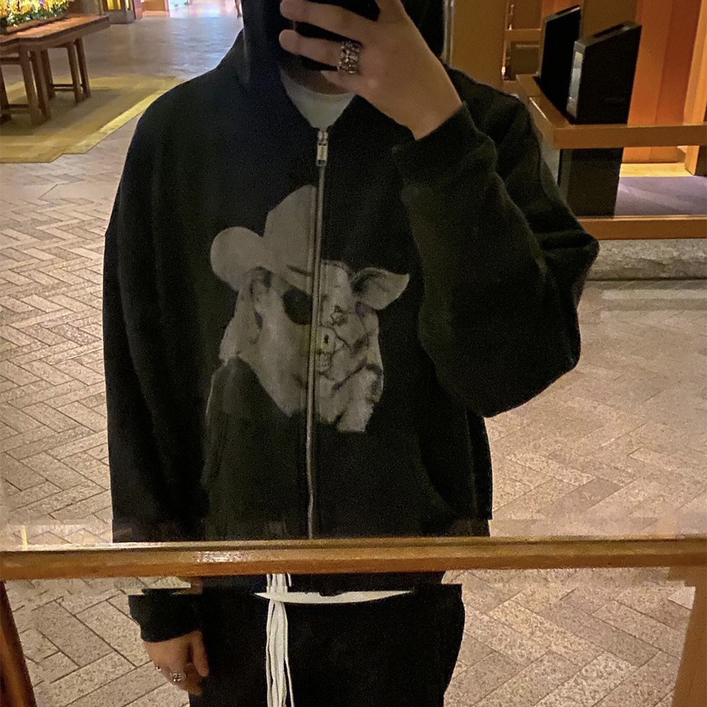 Melancholy ricos de segunda generación ERD ilustraciones de piggyback con cremallera Cardigan vintage suéter suelto con capuz