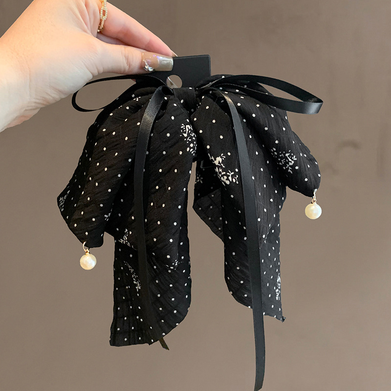 French Polka Dot Retro Contrasting Ribbon Bow Ponytail Clip Elegant Pearl Pendant Shark Clip Hairpin on the Back of the Head